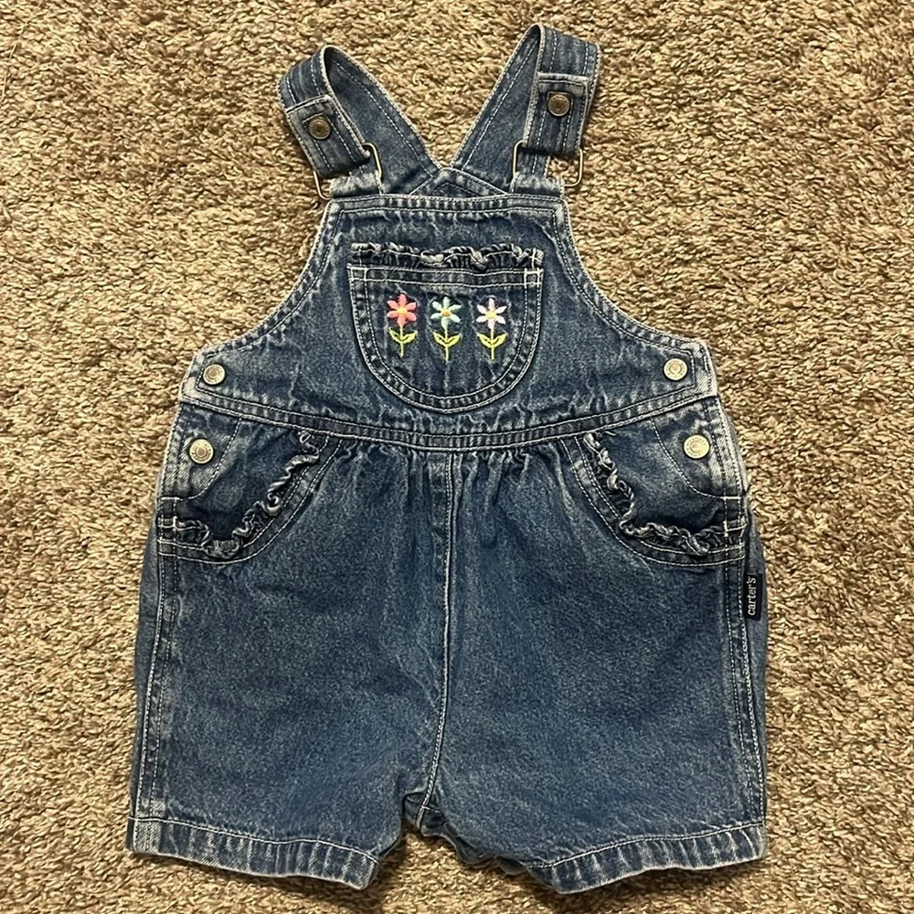 Vintage Carter's Blue Denim Overalls‎ with Flower Embroidery 9-12M